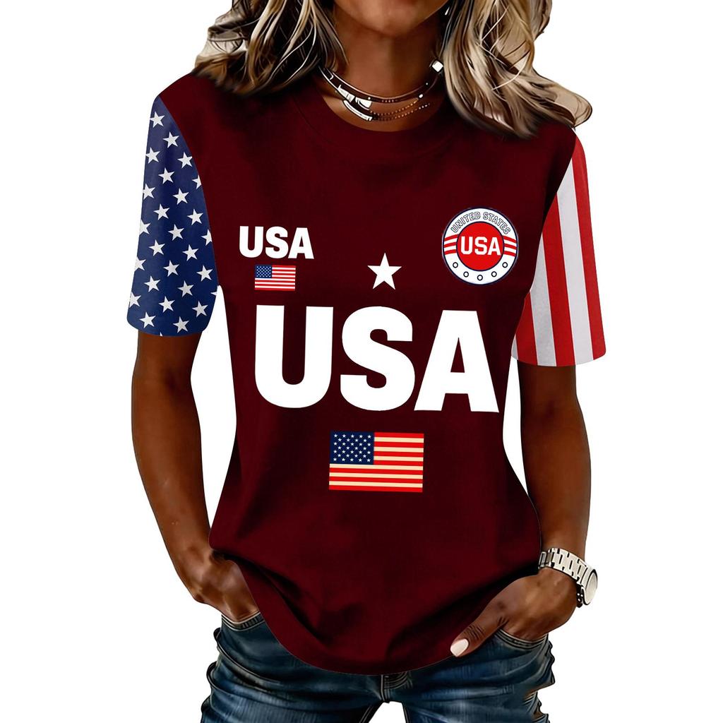 Blusa Feminina da Moda Casual de Manga Curta com Estampa e Gola Redonda