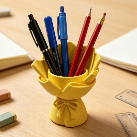 3D Printed Bouquet Pen Holder Planter, Mini Desk Decor with Bow & Artificial Flowers, Multifunctional PLA Craft for Pencil Organizer Pot, Romantic