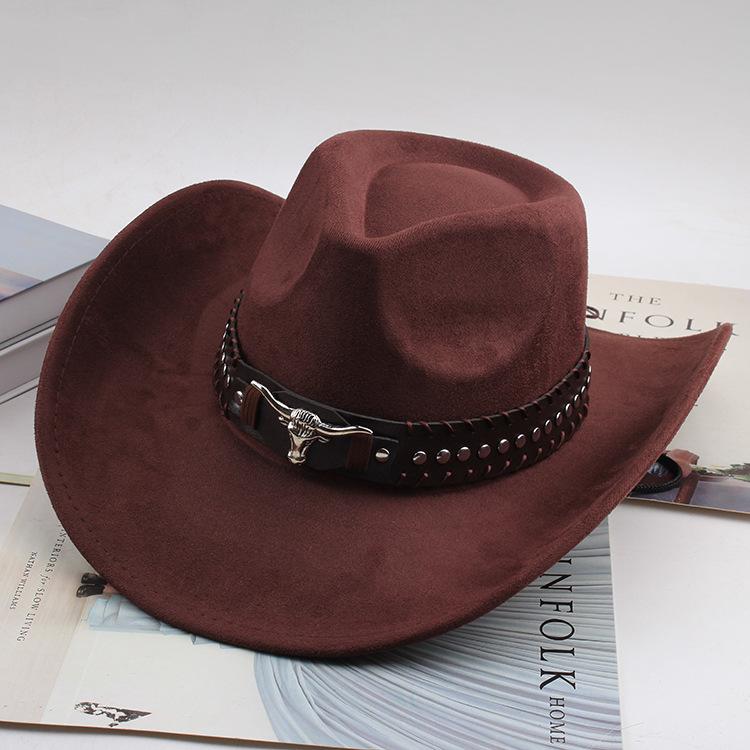 Western Cowboy Style Tibetan Bull Head Accessories Fashion Top Hat Autumn/Winter New Collection Deer Skin Velvet Large Edge Riding Hat