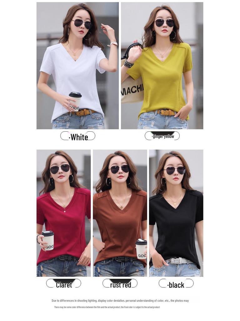 Korean Style V-Neck Cotton Short Sleeve Women's T-Shirt, Solid Color, Loose Fit, Plus Size, Spring/Summer Collection