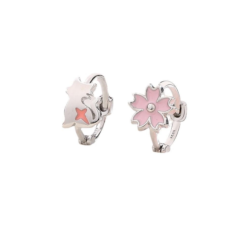 Drop Glaze Pink Cat Flower Ear Buckle Dongdaemun Sweet Girl Student Earrings Kitten Cherry Blossom Asymmetrical Earrings