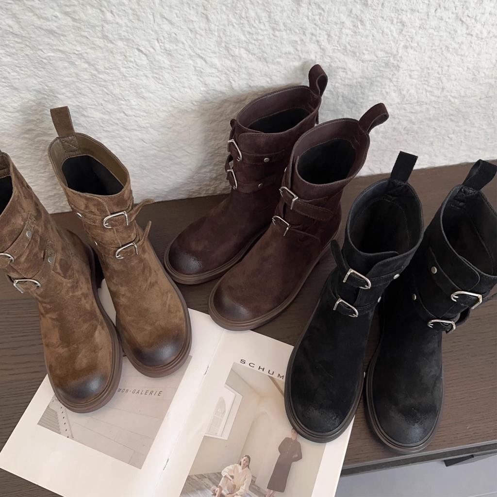 Sheepskin Version~ Retro Belt Buckle Wasteland Western Cowboy Boots Round Head Polished Short Boots Women's Thick-soled Knight Boots