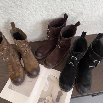Schaffellversion~ Retro Gürtelschnalle Ödland Western Cowboy Stiefel runde Spitze polierte Kurzstiefel Damen dicksohlige Ritterstiefel