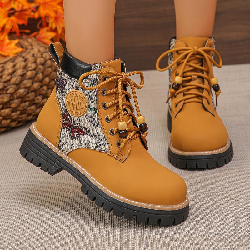 Fashion Fashion Retro Print Women Motorcycle Boots Casual Platform Work Boots Woman Outdoor Street Shoes British Leather Ankle Boots