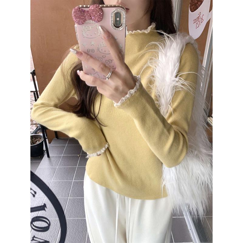 Spring chic lace semi-turtleneck knitted sweater women's age-reducing top versatile bottoming shirt