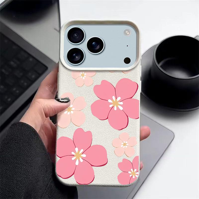 Fresh Style Cherry Blossom Pattern Case For iPhone 17 Pro Max Leather Texture Soft Silicone Cover For iPhone 16 15 14 13 Pro 12 11 16E Air