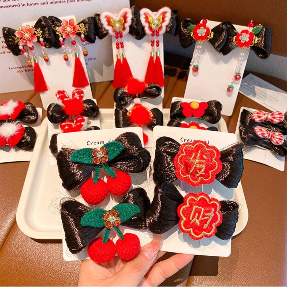 

2 шт. детский парик в китайском стиле, заколка для волос с цветочной кисточкой, новогодний головной убор, заколка для волос с бантом