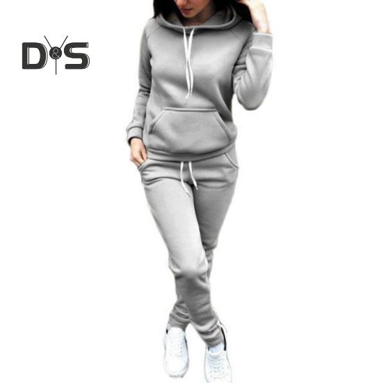 2 Pcs/Set Women Hoodie Pants Suit Solid Color Plush Long Sleeves Thick Top Elastic Waist Ankle-banded Trousers Sport Fitness Outfit Fall Winter