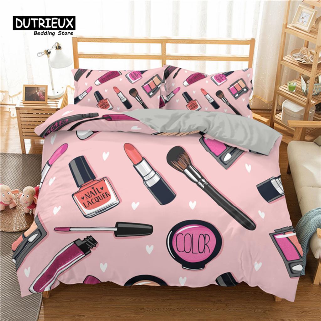 Fashion Sleep Bedding Collection Makeup Cosmetic Theme Bedspread Cover Polyester Perfume Lipstick Nail Polish Brush Print Pattern Quilt Cover King