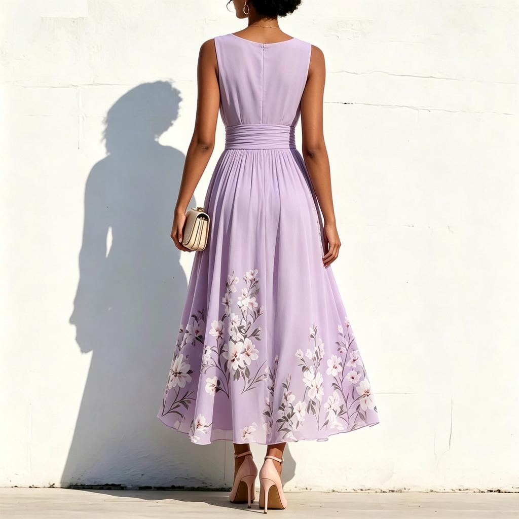 Sleeveless V Neck Pleated Waist Floral Print Long Dress for Women Elegant Maxi Dress with Flowing Skirt Suitable for Various Occasions