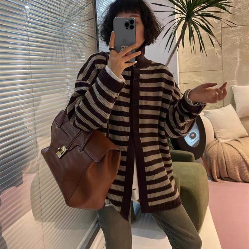 Fashion Loose Lazy Wind Sweater Jacket Women's Spring New Contrasting Color Striped Knitted Cardigan Top