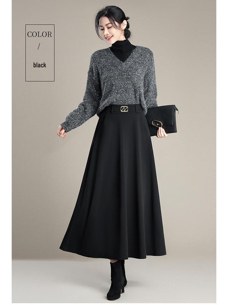 High-Waisted Black Wool A-Line Midi Skirt - Winter 2025 Edition
