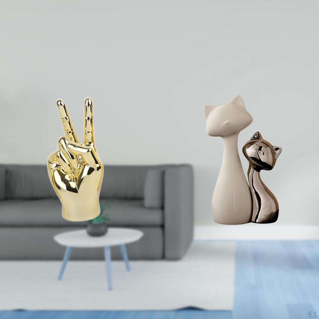 Hand Finger Gesture Cat Statue Sculpture Creative Ceramic Figurine Artwork for Living Room Cabinet