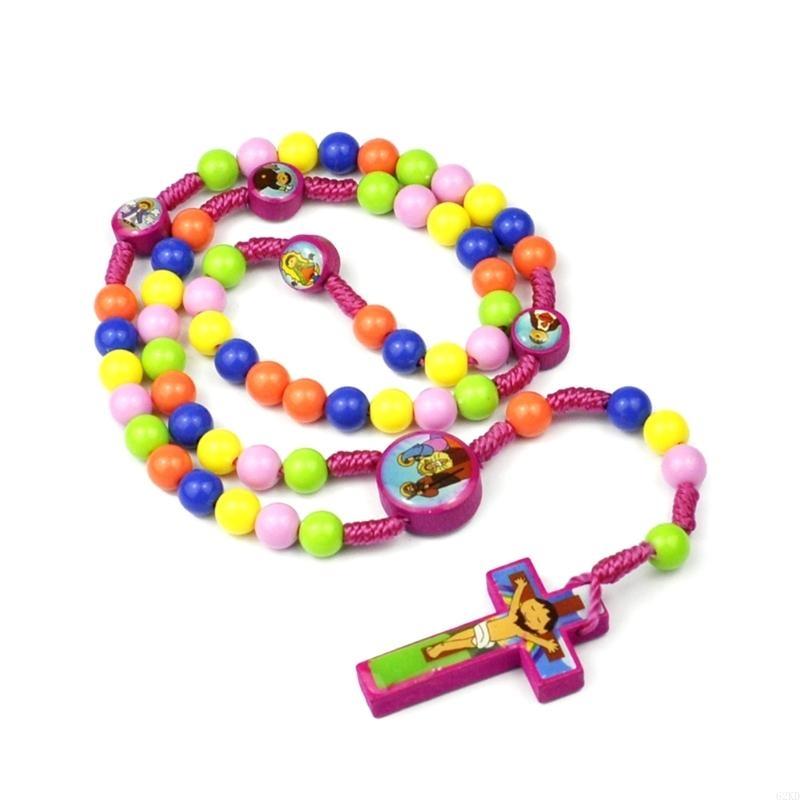 62KD Colorful Beaded Pendant Necklaces for Boy Girl Children Long Rosary Prayer