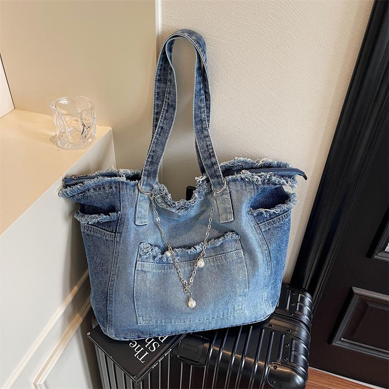 Korean Retro Denim Tote - Large Capacity, Casual, Comfortable, Wear-Resistant, Versatile Single Shoulder Bag