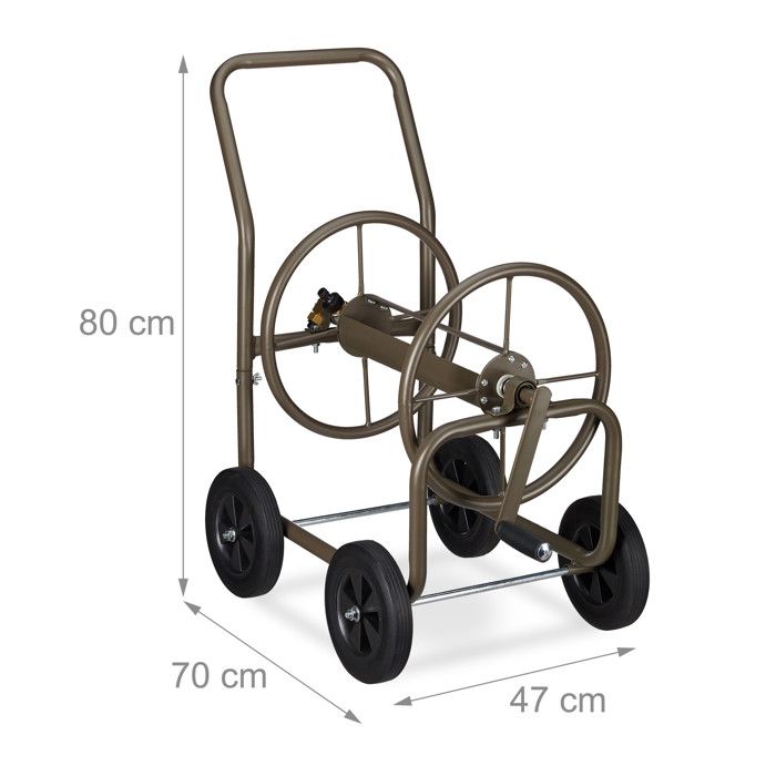 Relaxdays Extra-large Hose Reel Cart, Metal Mobile Drum, for 60 M Hose, 90° Winding, with Wheels, Brown