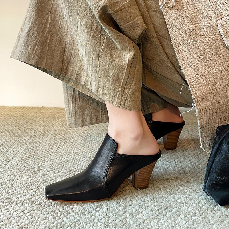 Fashion 2025 Summer New Baotou Half Slippers Women Wear Muller Shoes Thick Heel High Heel Sandals Women's Slippers Genuine Leather Shoes