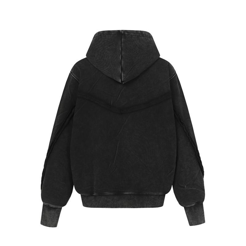 Oversized Hooded Zip-Up Sweatshirt With Distressed Washed Patchwork Design Streetwear Unisex