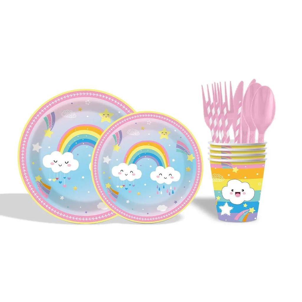 Rainbow Cloud Sun Happy Girls Princess Birthday Party Decor Set with Pink Plates Napkins Disposable Tableware for 10 Guests