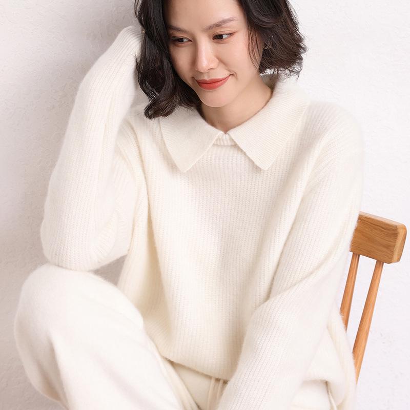 Women's Solid Color Lapel Cashmere Sweater - 2026 Autumn/Winter Collection, Gentle Style, Loose Fit, Slimming, Warm Knit Base Layer.