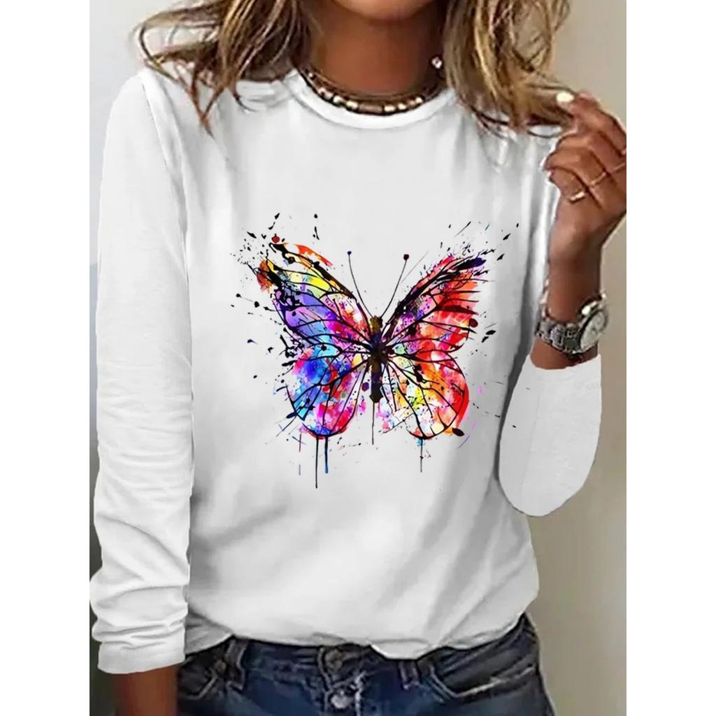 Round Neck 3D Printed Butterfly Pattern Top Fashionable Casual Long Sleeved Women's T-shirts