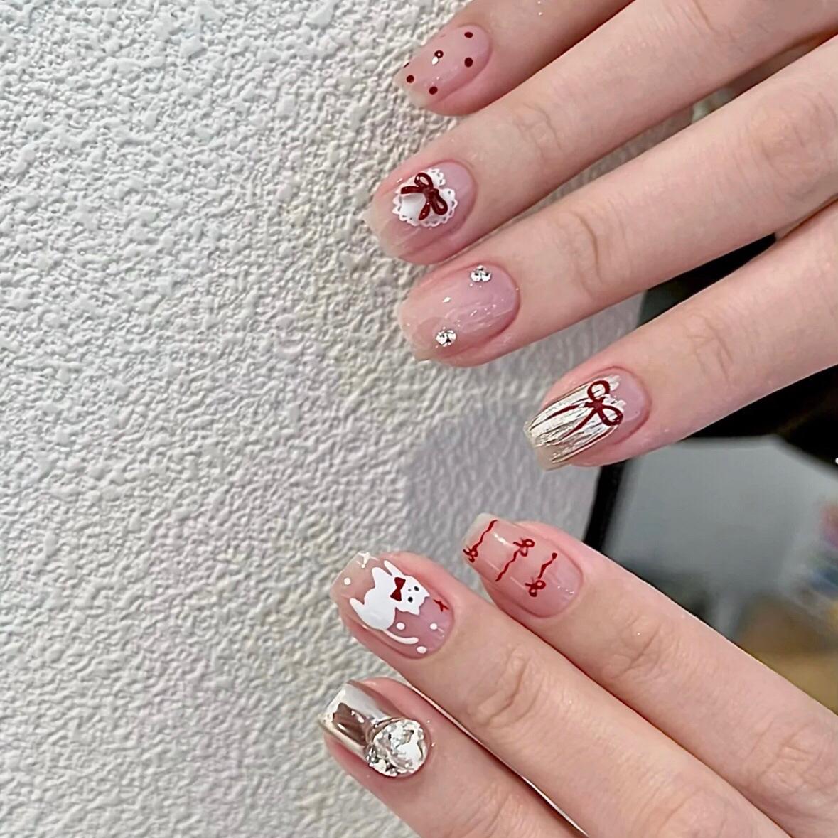 

Adorable Cartoon-Style Removable Press-On Nails: Polka Dot, Cat Eye, Puppy & Kitten Design