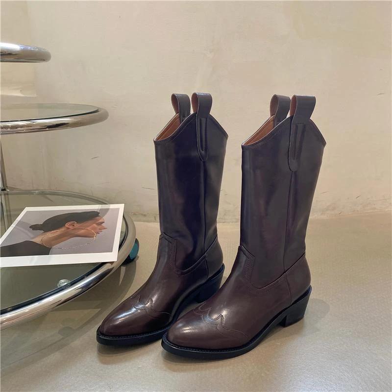 Fashion Half High Boots for Women Waterproof Mid Calf Shoes Woman Retro Pointed Toe Chic and Elegant Boot Sale Pu Quality On Offer Y2k