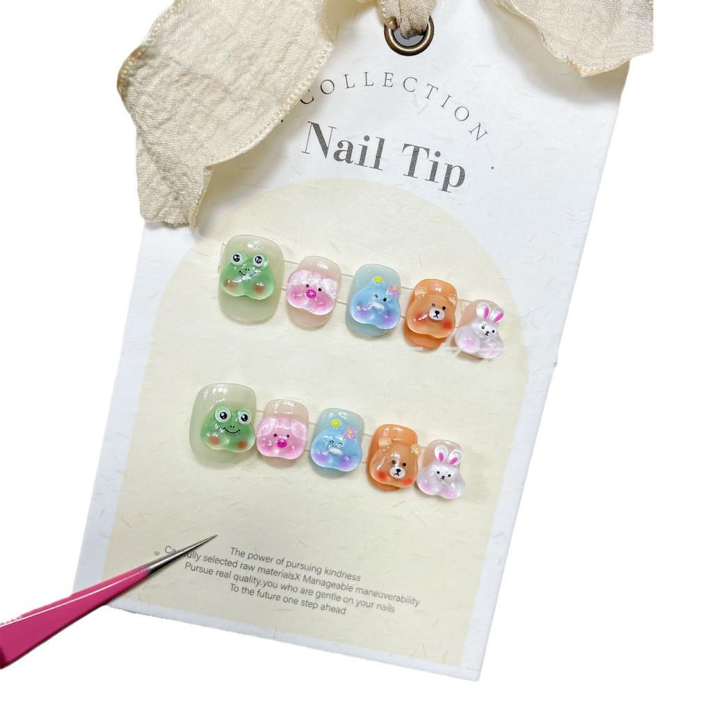 100% HANDMADE Short Round Fake Nail With Glue Short Candy Color Cartoon Frog...Rabbit...Bear Acrylic Press On Artificial Fake Nails Reusable Nails
