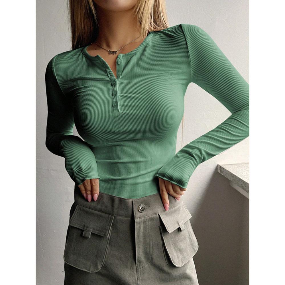 Autumn and Winter New Button-ribbed Slim-fit Knitted Long-sleeved Women's Comfortable Soft Bottoming Shirt