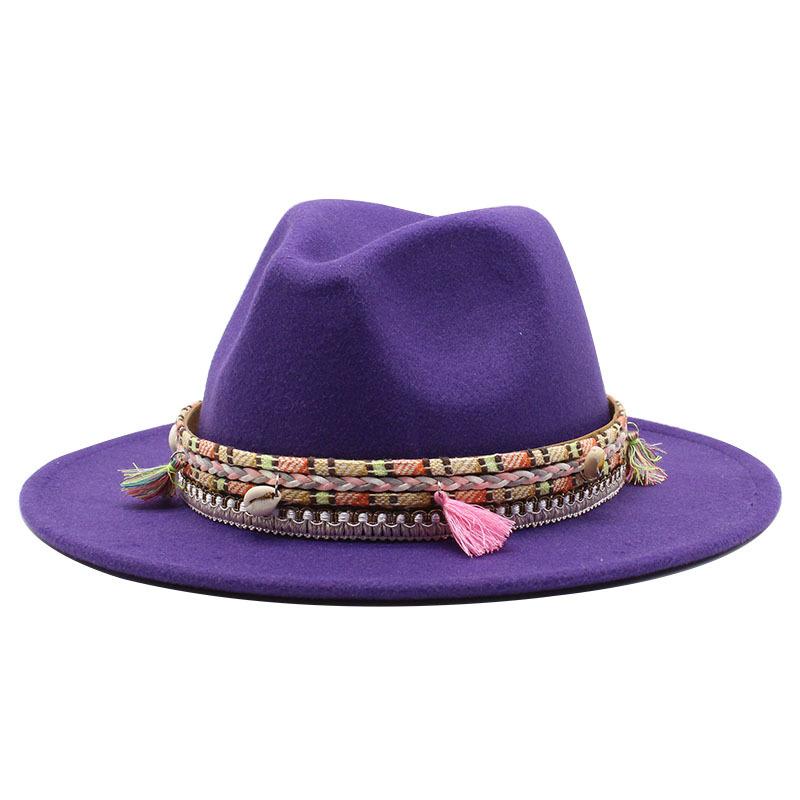 Woolen Top Hat, Fringed Minority Style Jazz Hat, Retro Flat-Brimmed Big Eaves Hat.