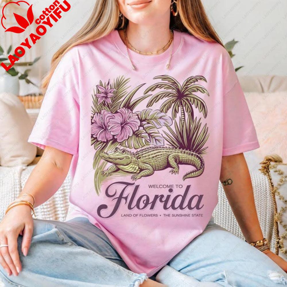 Welcome To Florida Shirt Land Of Flowers TShirt Alligator Palm Tree Printed Tshirt Sunshine State Casual Unisex Cotton Outfit