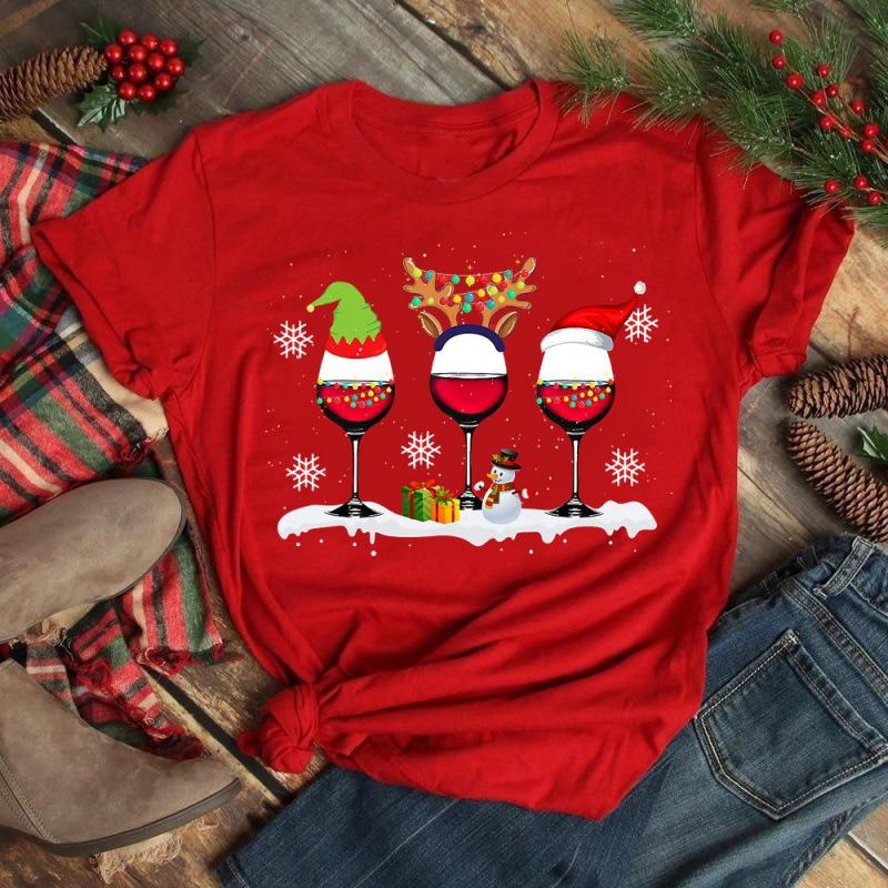 Polyester  100% New Christmas Happy Christmas Tree Santa Claus Casual and Fashionable Round-neck Short-sleeved Women's Base Tops