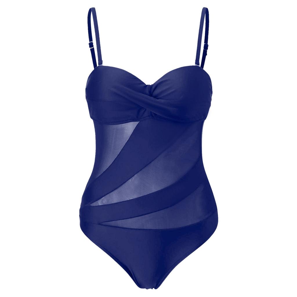 Women One Piece Swimsuit Mesh Insert Cutout Design Slim Fit Adjustable Straps Swimwear Beachwear