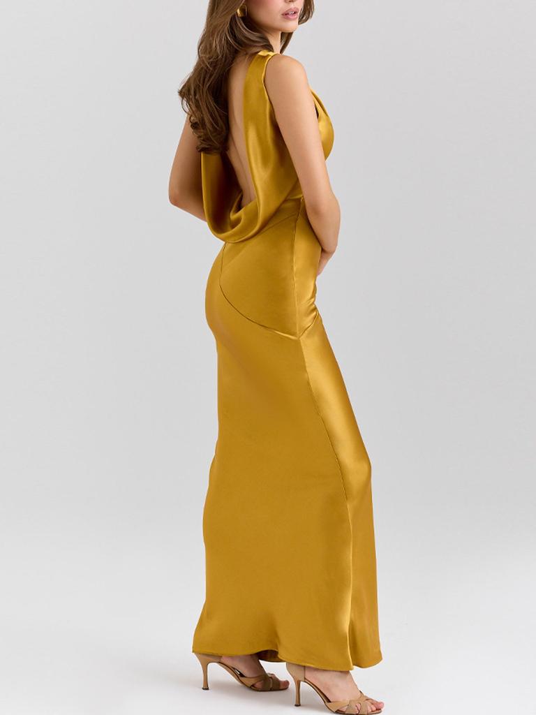 Haute Couture Elegant Satin Drape Neck Backless Dress
