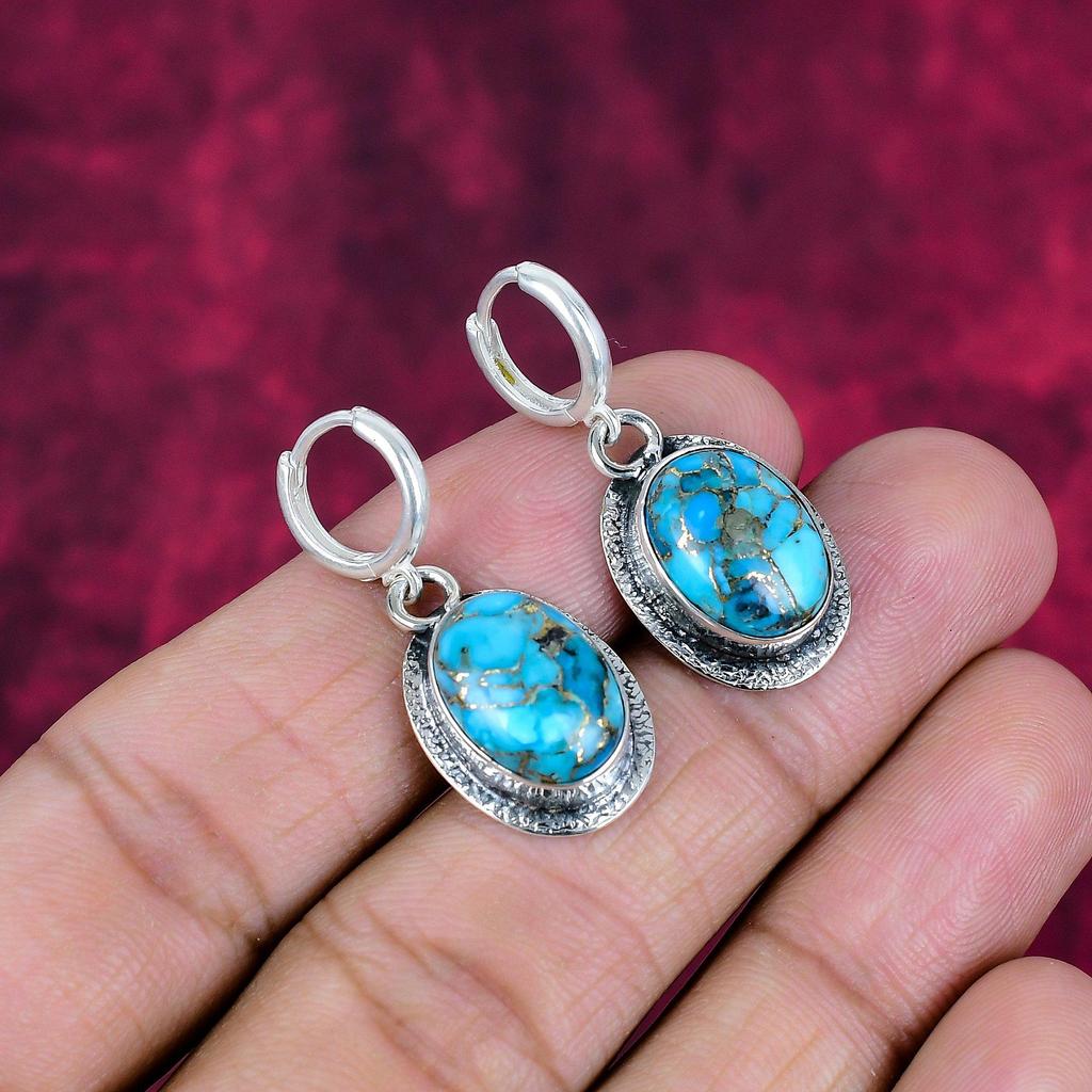 Blue Copper Turquoise Handmade Gemstone Earrings, 925 Solid Sterling Silver Earrings Antique Jewelry, For Engagement Gift