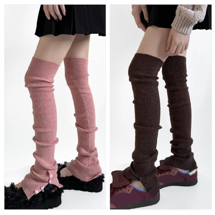 Women Japanese Ribbed Knitted Leggings Gaiters with Slit Buttons Harajuku Aesthetic Thigh High Leg Warmer Footless Socks