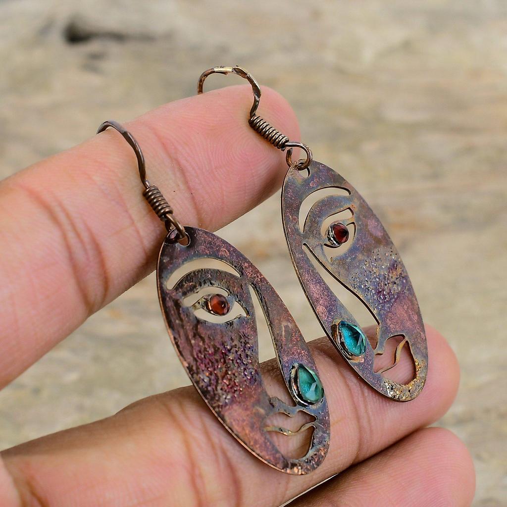 Chrome Diopside Earring Mozambique Garnet Earring Electroformed Copper Earrings Gemstone Copper Jewelry Handmade Face Earring Gift For Women