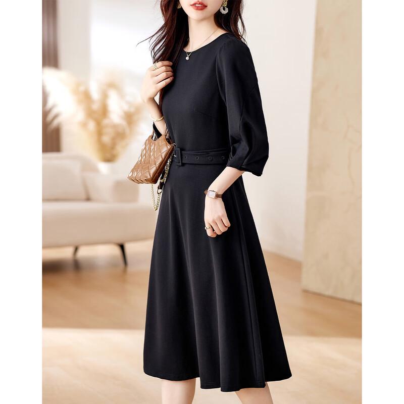Demana Hepburn Style Round Neck Lantern Sleeve Mid-Length Dress