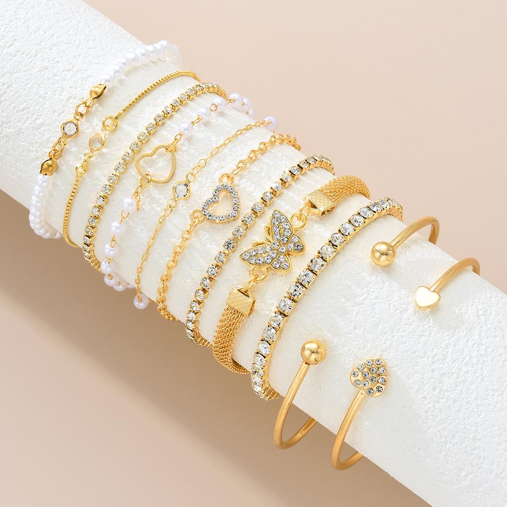 17KM 11 Piece Inlaid Heart Butterfly Bracelet Fashion Jewelry Set Women Trendy Shiny Daily Party Accessory Decorative Gift