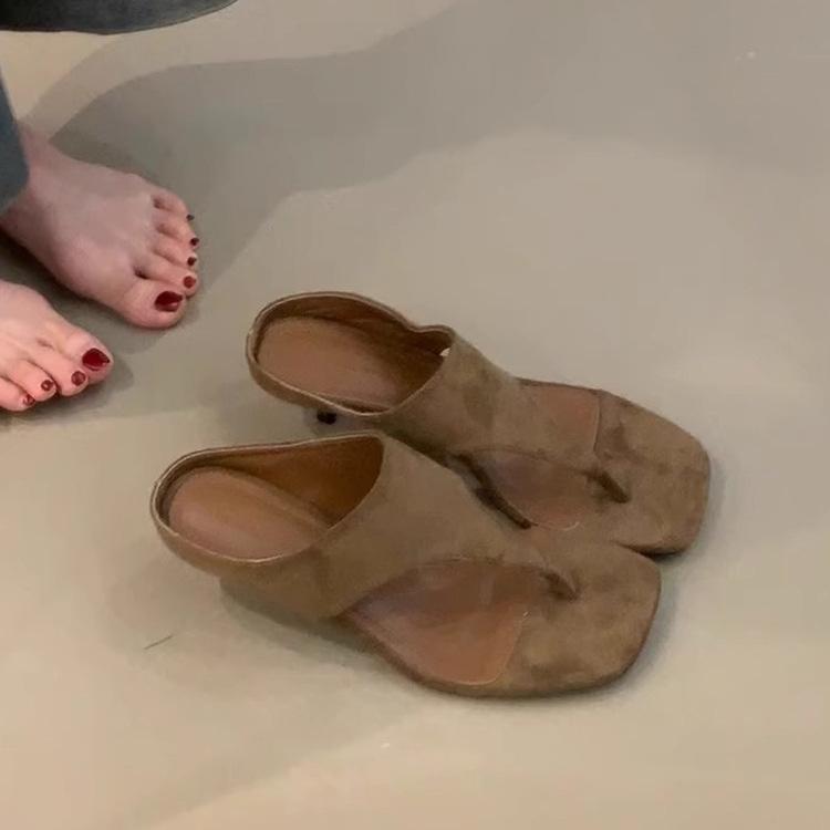 2025 summer wear retro high heels women's head open-toed sandals simple temperament thin heel flip-flops shoes