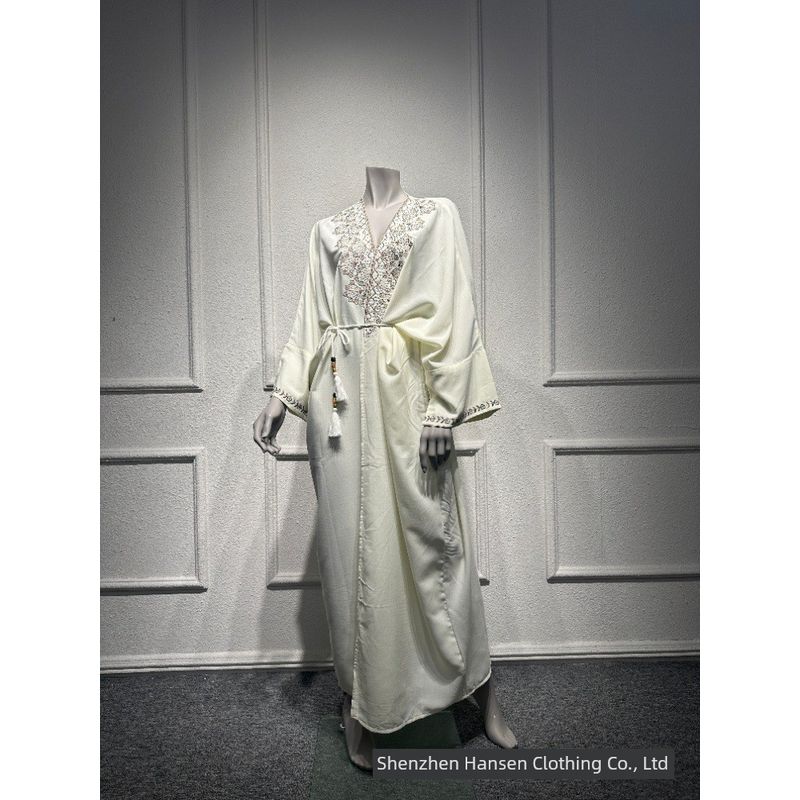 

Трансграничная саудовская одежда, халат, тисненая вышивка, халат тяжелой промышленности, модный дубайский пояс, кардиган-пальто Apricot color One size