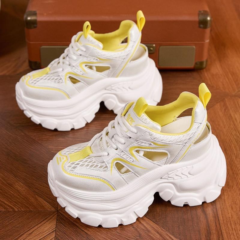 9CM Breathable Leather Women Sandals Vulcanized Mesh Chunky Shoes 9CM Platform Gladiator Shoes High Heels Casual Summer Sneakers