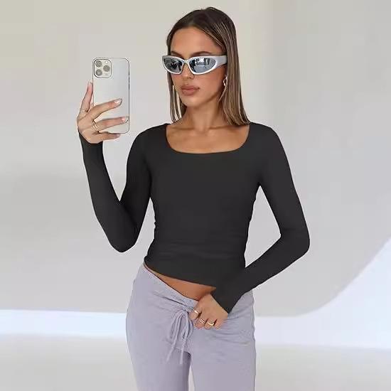 European & American Women's Slim-fit Milk Silk Long-sleeve Navel-baring T-shirt - Autumn Fashion Pullover.
