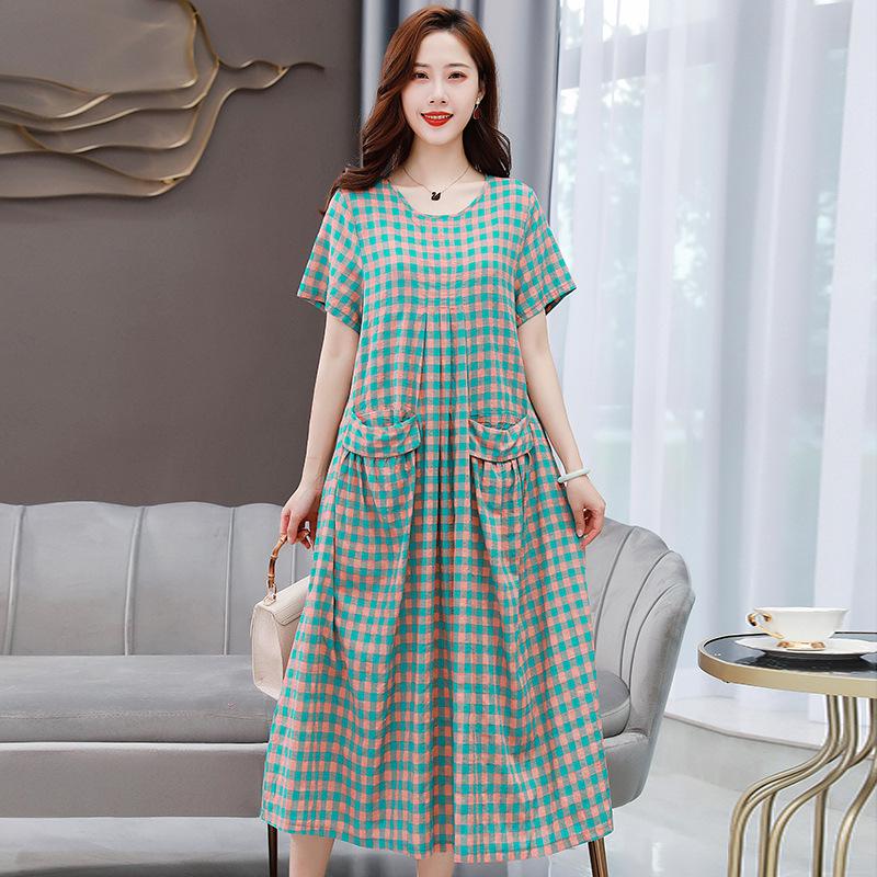 

Элегантное летнее платье миди из хлопка и шелка 2023 года для женщин среднего и пожилого возраста - Приталенное, с круглым вырезом 4XL