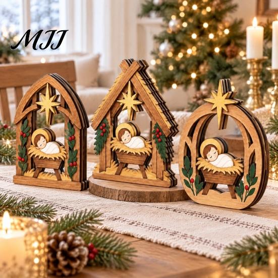 Stable Solid Wood Crafts 3Pcs Wooden Nativity Scene Decor, Christmas Manger Ornaments, Holy Family Vintage Style Xmas Ornaments Baby Jesus Tabletop