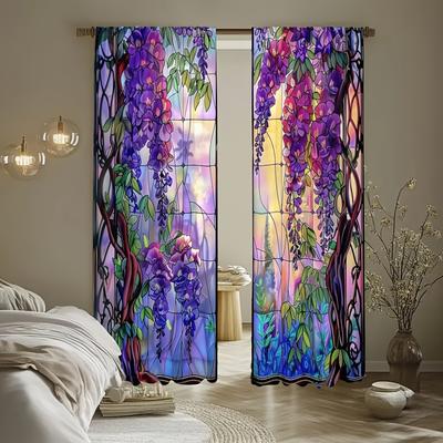 Rideaux imprimés Fleurs de glycine Poche pour tringle Décoration de chambre à coucher Salon Ensemble de rideaux pour la maison de 2 pièces Polyester Lavable Prêt pour la pièce
