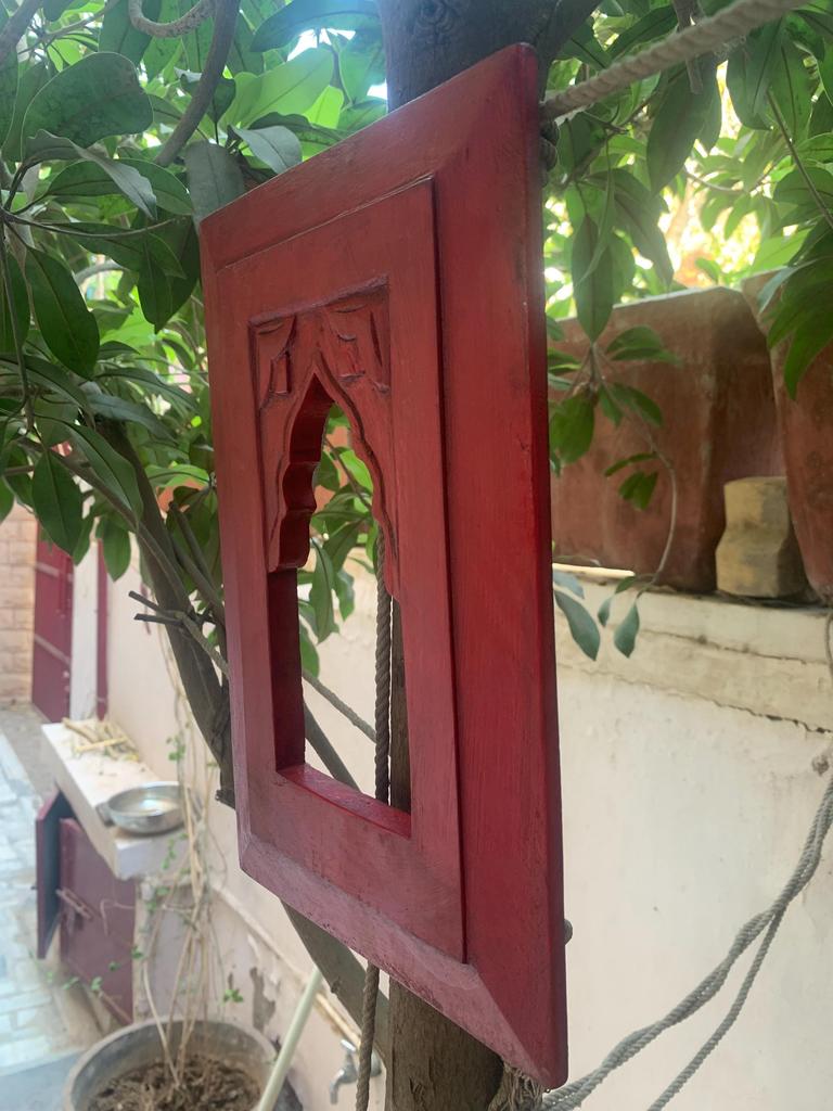 Red Painted Wooden Frame: Indian Jharokha Style, Rustic Wall Decor