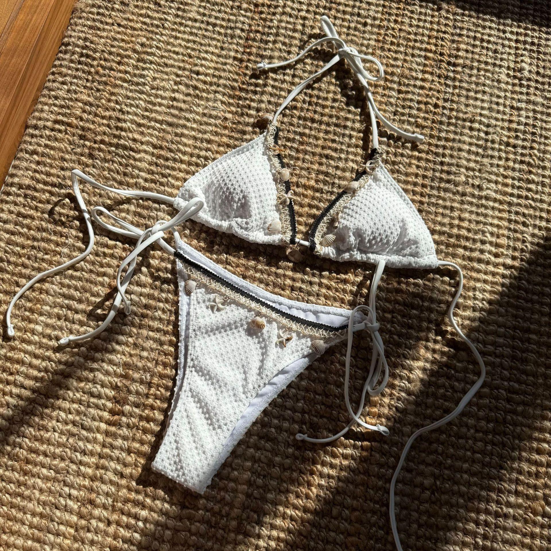 2026 European and American New Special Fabric Lace Shell Solid Color Split Sexy Bikini S белый