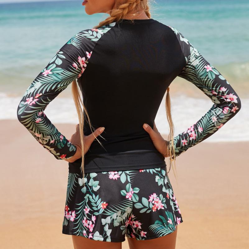 Women's Swimsuit Tankini Set Female Long Sleeves Swimwear Surfing Sports Pool Beachwear Two-Piece Bathing Suits with Shorts