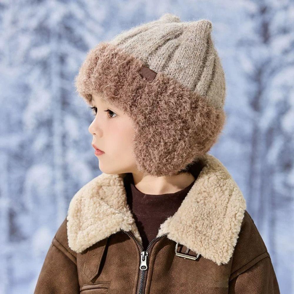 Ribbed Knit Knit Earflap Beanie Plush Lining Cat Ear Beanie New Plush Lined Hat For Children